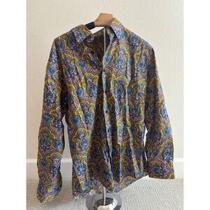 Alan Flusser Paisley Button Down Shirt Mens Medium Yellow Blue Red Retro Cotton